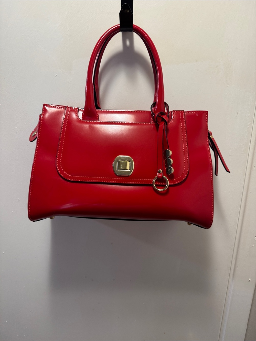 Red Structured Top-Handle Satchel with Gold Accents(13)